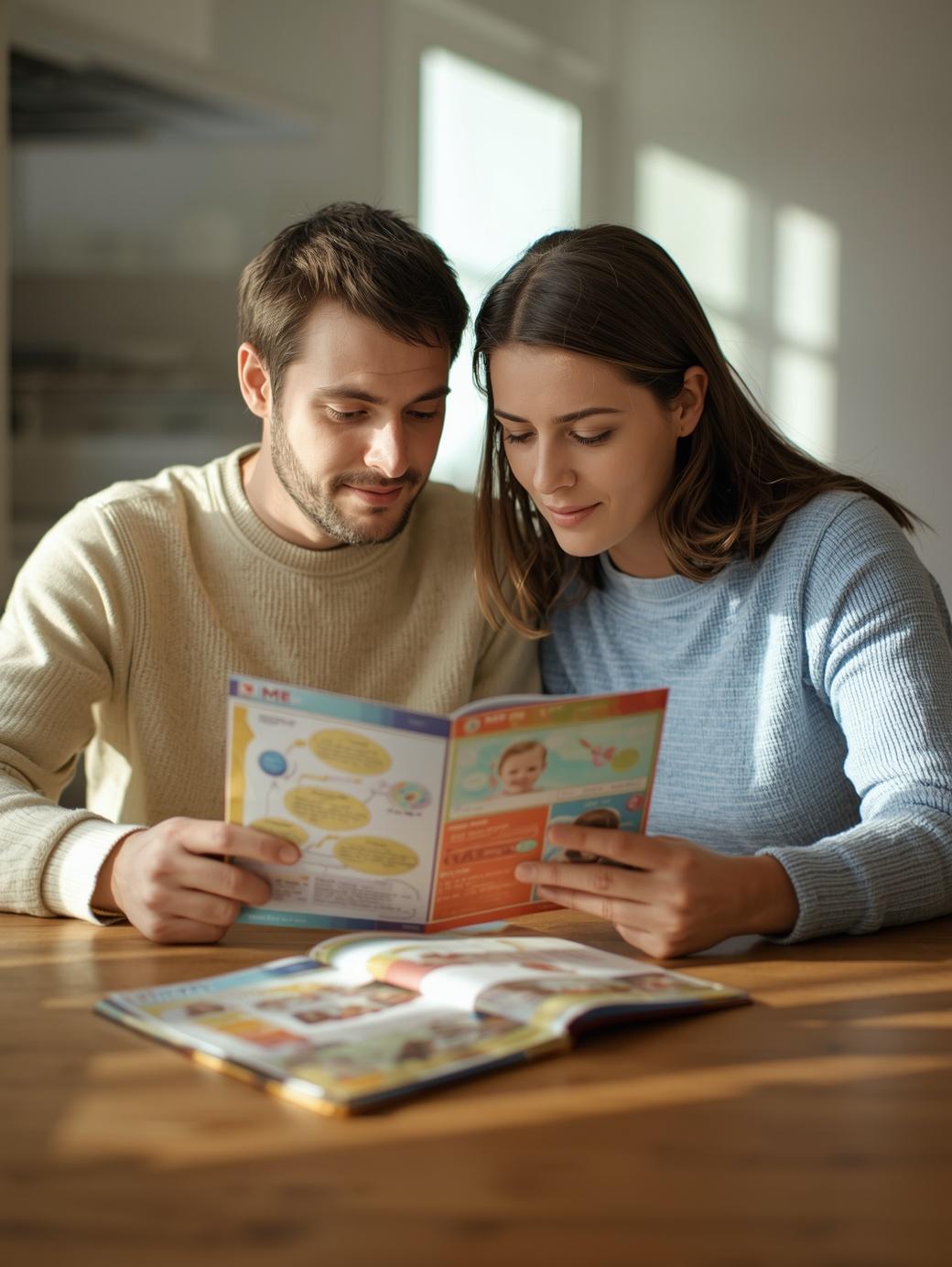 una pareja de unos 30 años consultando un folleto sobre planficacion familiar